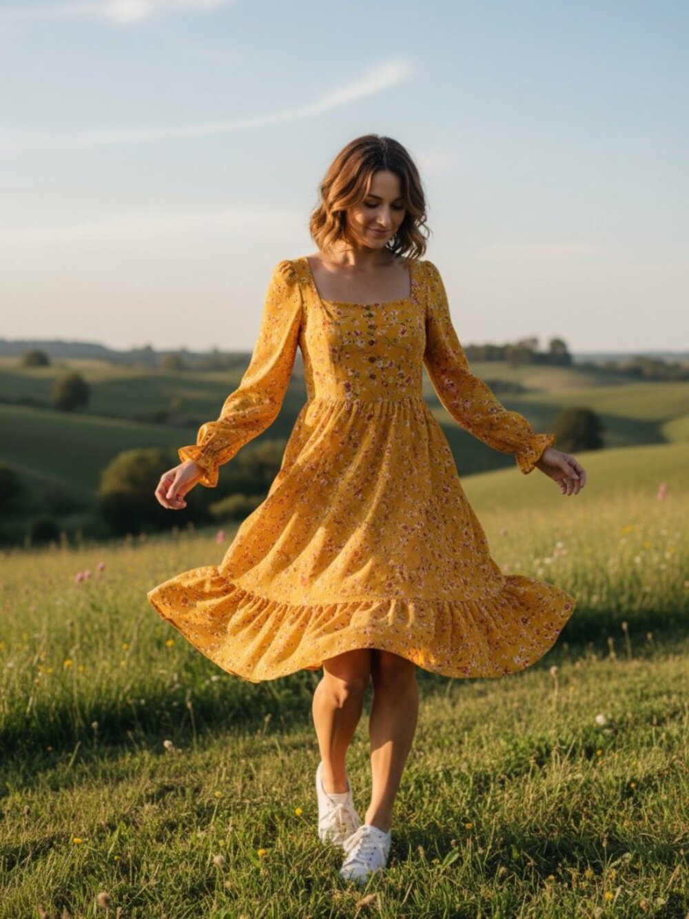 Lulu's Coquette Smocked Floral Yellow Dress Billow Sleeves Square Neck Size L